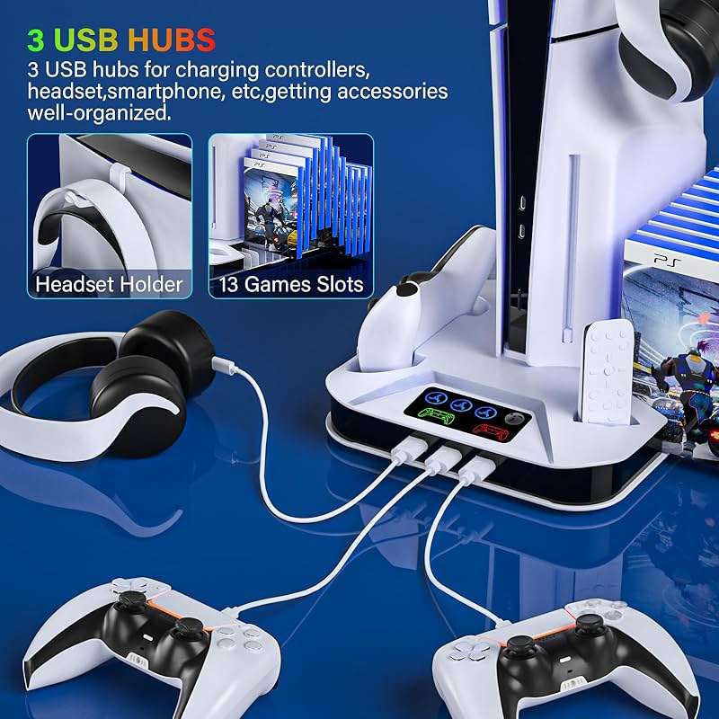 PS5/Slim/Pro Cooling Station with Controller Charging Station for Playstation Console Playstation 5 Slim&Standard Disc/Digital Console, PS5 Pro Stand Cooler Accessories Incl Cooling Fan/3 USB Hubs - Image 4