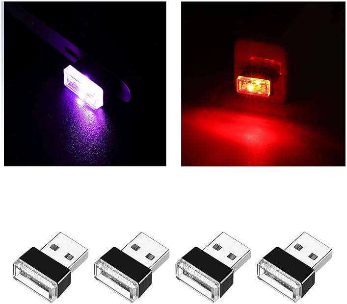 Ziciner 4 PCS USB LED Car Interior Atmosphere Lamp, Portable Mini LED Night Light, Plug-in USB Interface Trunk Ambient Lighting Kit, Universal Interior Accessories (Red+Purple) - Image 1