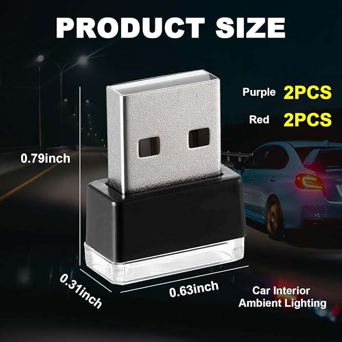 Ziciner 4 PCS USB LED Car Interior Atmosphere Lamp, Portable Mini LED Night Light, Plug-in USB Interface Trunk Ambient Lighting Kit, Universal Interior Accessories (Red+Purple) - Image 2
