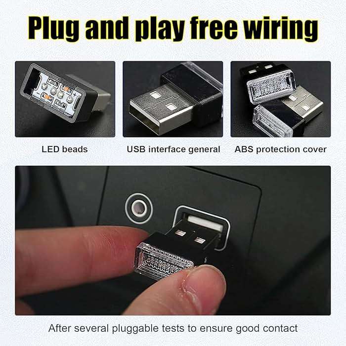 Ziciner 4 PCS USB LED Car Interior Atmosphere Lamp, Portable Mini LED Night Light, Plug-in USB Interface Trunk Ambient Lighting Kit, Universal Interior Accessories (Red+Purple) - Image 3