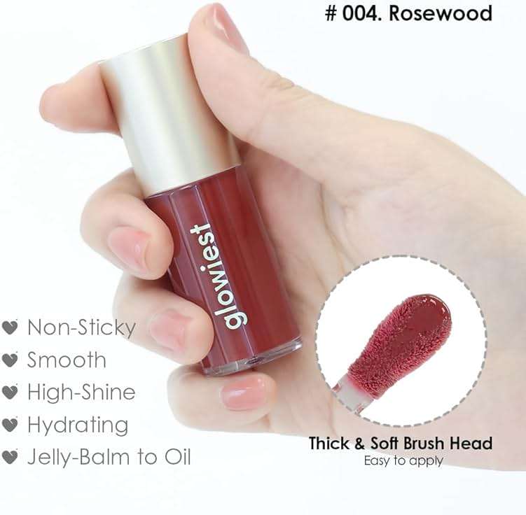 glowiest Dream Glow Tinted Lip Oil ; 3-in-1 Formula: Lip Gloss with a high shine finish, Non-sticky Long Lasting | Korean Plumped Tinted Lip Oil - 0.19 fl. oz. 5.7 ml (004 ROSEWOOD, Original) - Image 4
