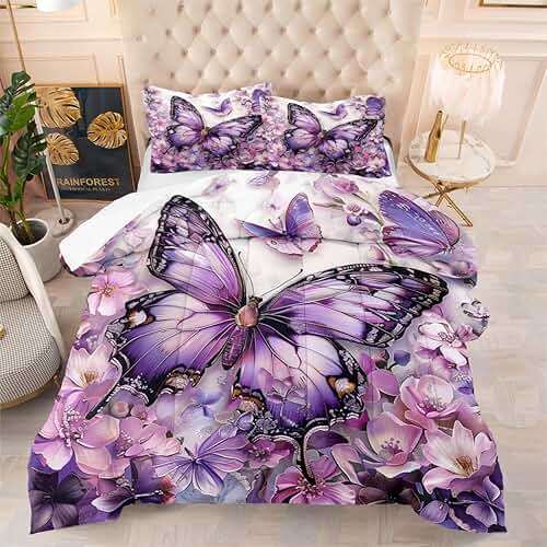 CCoutueChen Purple Butterfly Comforter Set Queen Size Flowers Butterfly Bedding Set Chic Botanical Floral Comforter Sets Unique Animal Bed Set Soft Lightweight Comforter for All Season(Gilrs Women) - Image 1