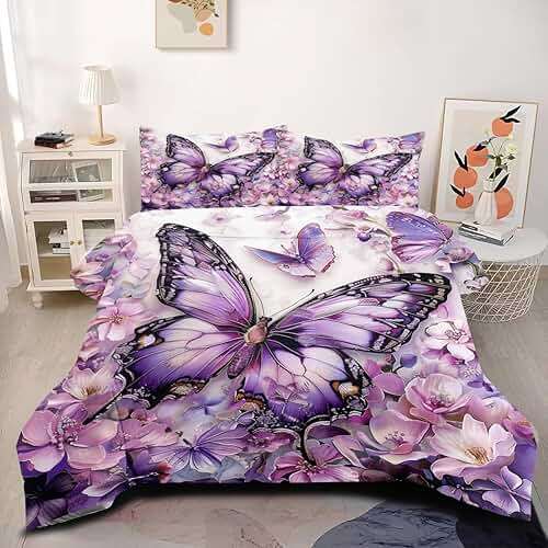 CCoutueChen Purple Butterfly Comforter Set Queen Size Flowers Butterfly Bedding Set Chic Botanical Floral Comforter Sets Unique Animal Bed Set Soft Lightweight Comforter for All Season(Gilrs Women) - Image 2