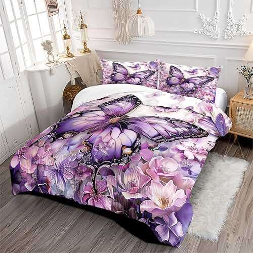CCoutueChen Purple Butterfly Comforter Set Queen Size Flowers Butterfly Bedding Set Chic Botanical Floral Comforter Sets Unique Animal Bed Set Soft Lightweight Comforter for All Season(Gilrs Women) - Image 3