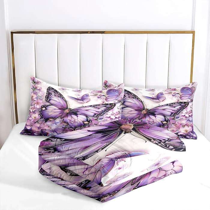 CCoutueChen Purple Butterfly Comforter Set Queen Size Flowers Butterfly Bedding Set Chic Botanical Floral Comforter Sets Unique Animal Bed Set Soft Lightweight Comforter for All Season(Gilrs Women) - Image 4