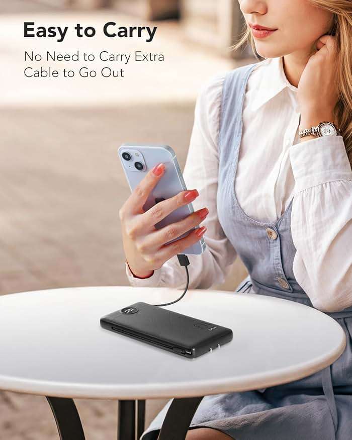 Portable Charger,Power Bank Built-in Cables and AC Wall Plug,VRURC USB C Portable Bank 10000mAh,Travel Essentials Phone Charger Compact Lightweight External Battery Pack for Smart Phones,Tablets-Black - Image 8