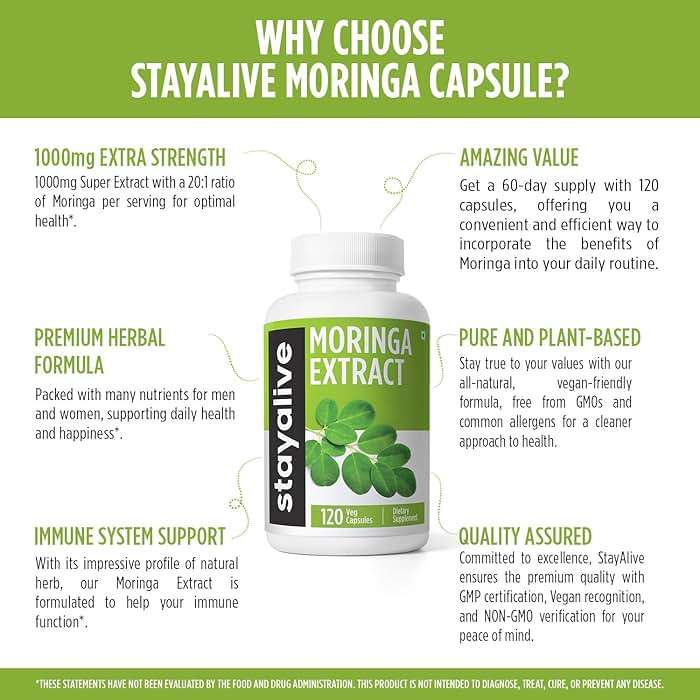 STAY ALIVE Moringa Capsules 1000mg, 20:1 Extract, 120 Pills, Green Superfood with Extra Strength, 100% Pure Oleifera Leaf Powder, 2 Months Supply, All Natural, Non-GMO & Gluten Free Moringa Supplement - Image 6
