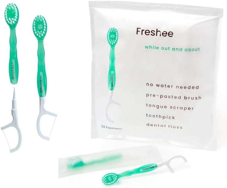 Freshee Bead -5 in 1 Disposable Mini Toothbrush with Toothpaste Bead + Floss + Pick + Tongue Scraper | Travel Size | Individually Wrapped | Soft | Extra Mint | Travel Set | Oral Care - Image 1