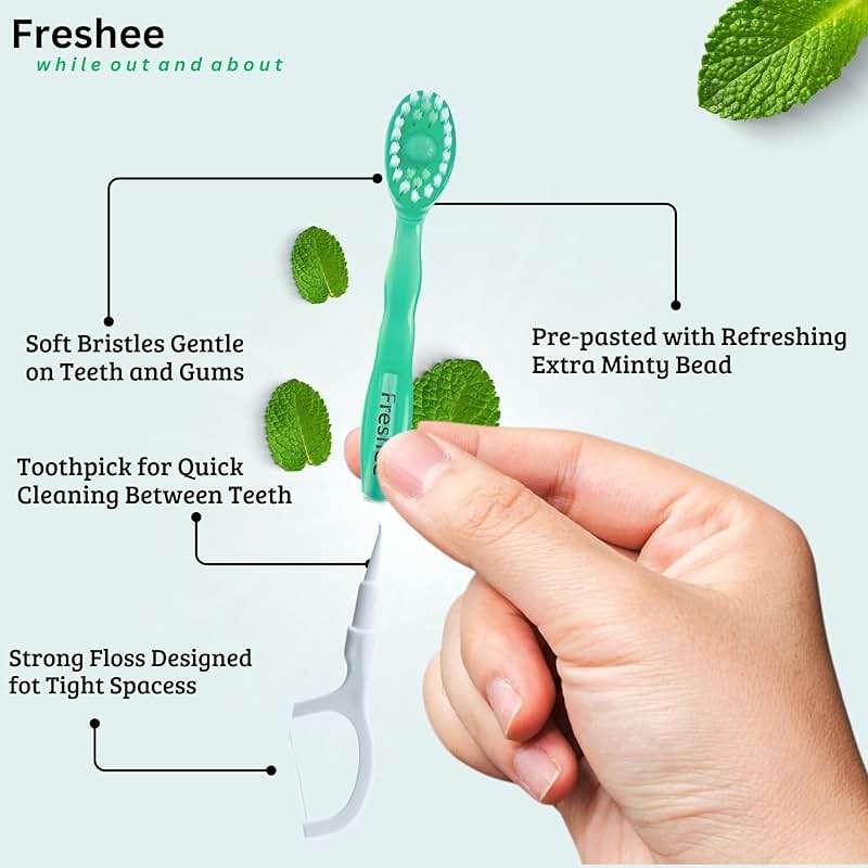 Freshee Bead -5 in 1 Disposable Mini Toothbrush with Toothpaste Bead + Floss + Pick + Tongue Scraper | Travel Size | Individually Wrapped | Soft | Extra Mint | Travel Set | Oral Care - Image 2