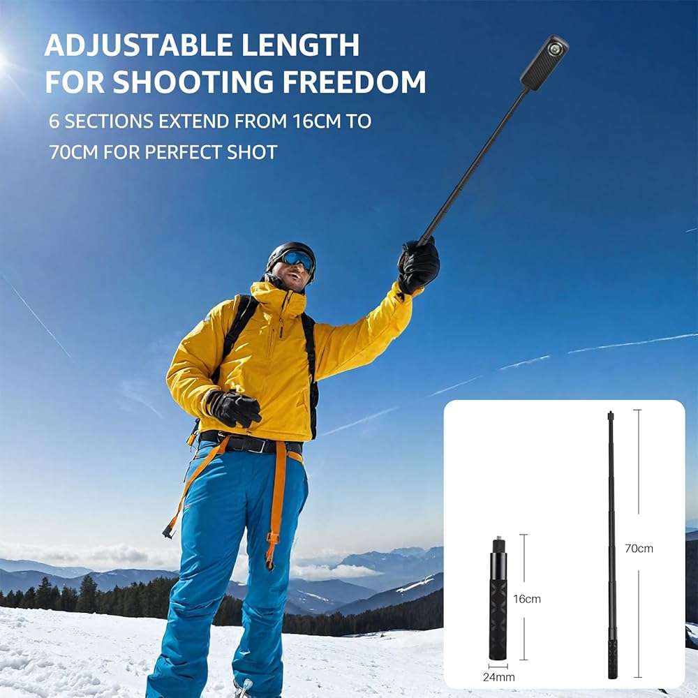 TOZO Invisible Selfie Stick 70/16 CM Straight Pull Type, Convenient and Free-Retractable Camera Selfie Stick, Hidden Design, Lightweight Panoramic Sports Camera Accessories Black - Image 4