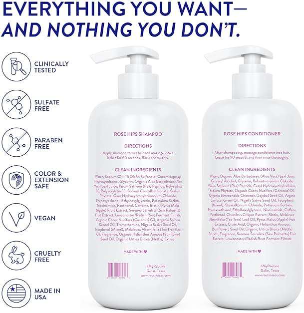 Routine Wellness Anti-Thinning Shampoo and Conditioner Set for Thinning Hair - Biotin DHT Blocker Women & Men - Color Safe Shampoo for Hair Loss & Healthier Hair - Rose Hips Set - Image 8