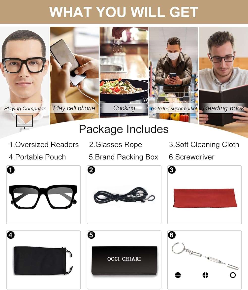 OCCI CHIARI Oversized Reading Glasses for Men Thick Square Big Head Readers 1.0 1.25 1.50 1.75 2.0 2.25 2.50 2.75 3.0 3.5 - Image 6