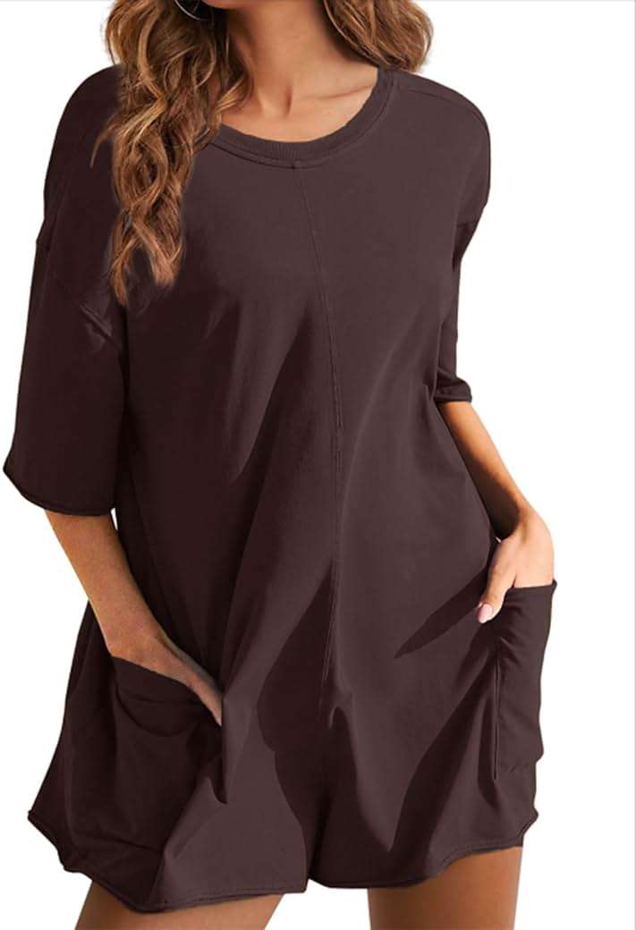 Yeokou Rompers for Women Casual Short Sleeve Oversized Athletic Workout Reversible Hot Shot Tee Romper Deep Pockets - Image 3
