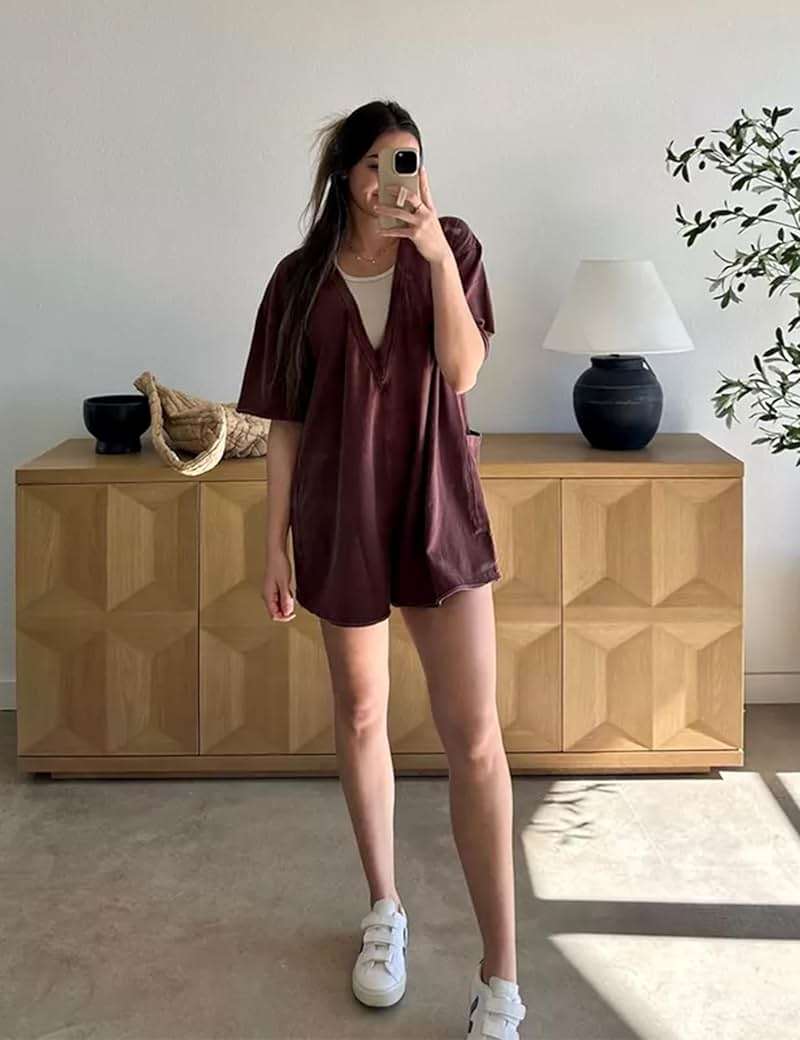 Yeokou Rompers for Women Casual Short Sleeve Oversized Athletic Workout Reversible Hot Shot Tee Romper Deep Pockets - Image 5