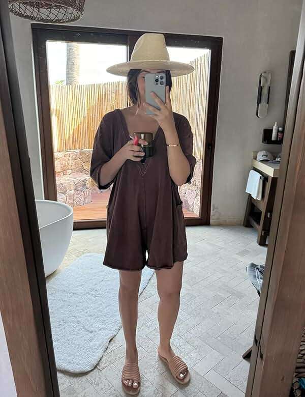 Yeokou Rompers for Women Casual Short Sleeve Oversized Athletic Workout Reversible Hot Shot Tee Romper Deep Pockets - Image 6