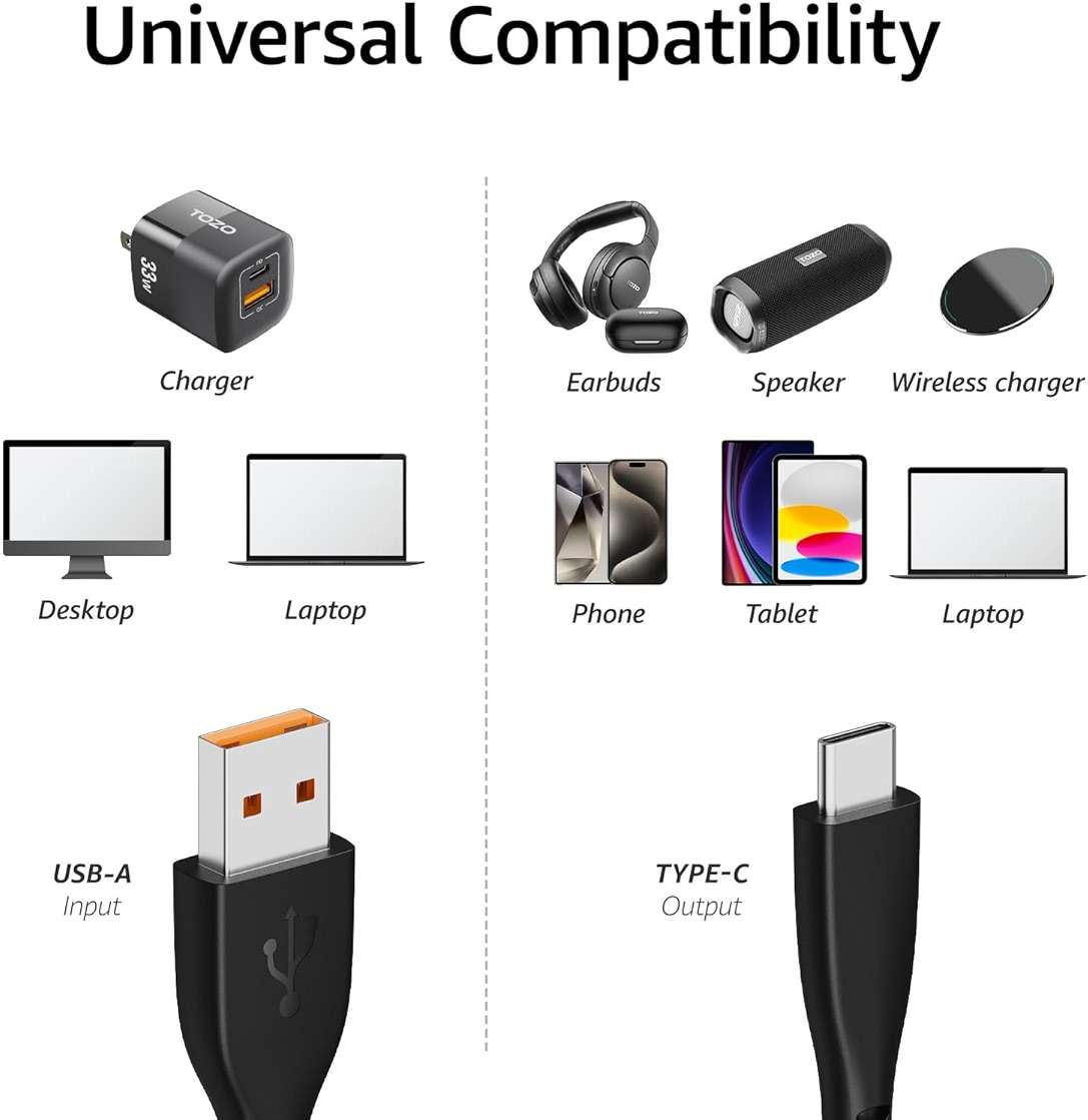 TOZO USB-C to USB-A Charging Cable Supports 480Mbps Speed and Type C Fast Charging Data Cable Compatible with iPhone 17 16 15/Samsung Galaxy/Tablets/Laptops/Headphones Thickened Weave, Durable 1M - Image 5