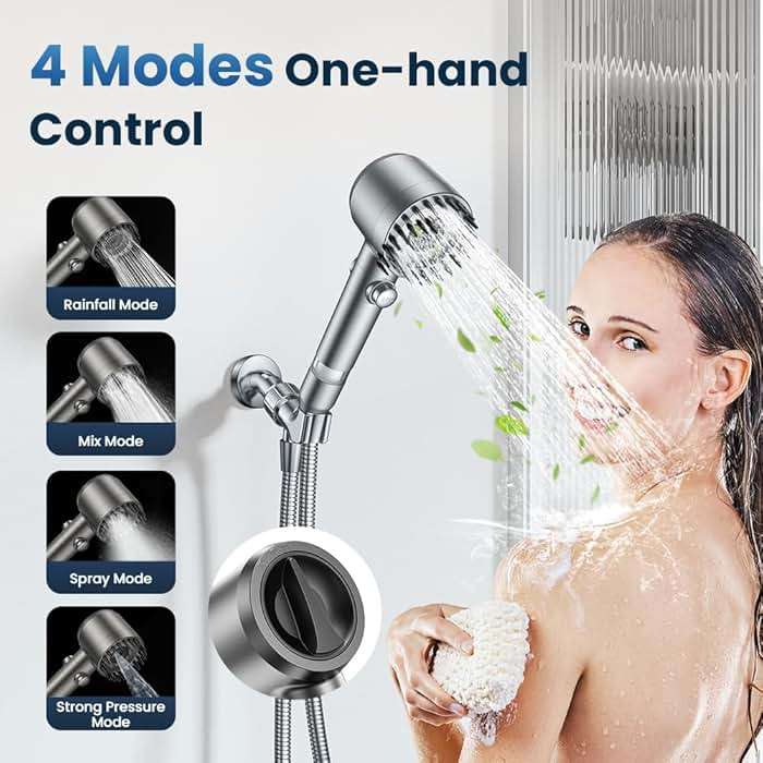JOMST Filtered Shower Head with Handheld,High Pressure Shower Head 4 Spray Modes,ShowerHead with ON/OFF Switch for Pets,Built-in Power Wash to Clean Tub,Shower Heads Combo with Stainless Steel Hose - Image 3