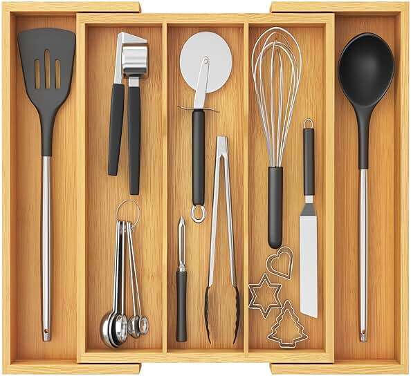 Lifewit Utensil Organizer for Kitchen Drawer, Expandable Cooking Utensil Tray, Cutlery Silverware Flatware Holder, Wood Adjustable Spatula Tools Storage Divider, 13-22x15/ 33-56x38cm, Natural - Image 1