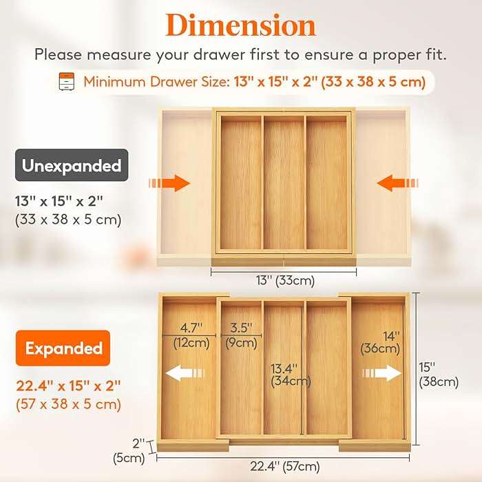 Lifewit Utensil Organizer for Kitchen Drawer, Expandable Cooking Utensil Tray, Cutlery Silverware Flatware Holder, Wood Adjustable Spatula Tools Storage Divider, 13-22x15/ 33-56x38cm, Natural - Image 2