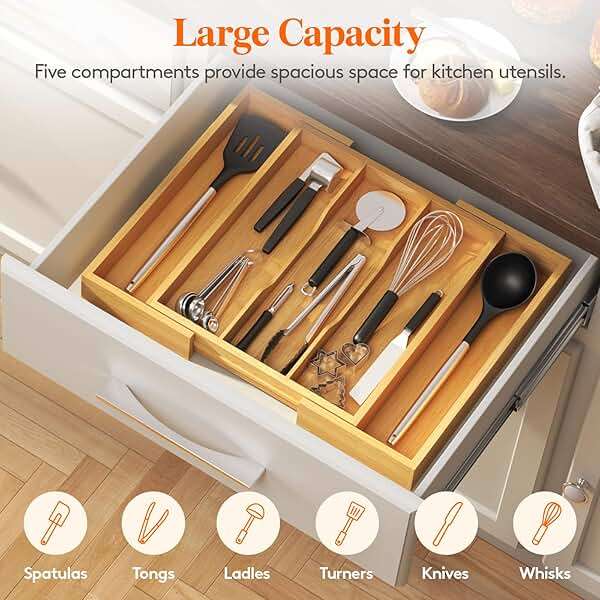 Lifewit Utensil Organizer for Kitchen Drawer, Expandable Cooking Utensil Tray, Cutlery Silverware Flatware Holder, Wood Adjustable Spatula Tools Storage Divider, 13-22x15/ 33-56x38cm, Natural - Image 4