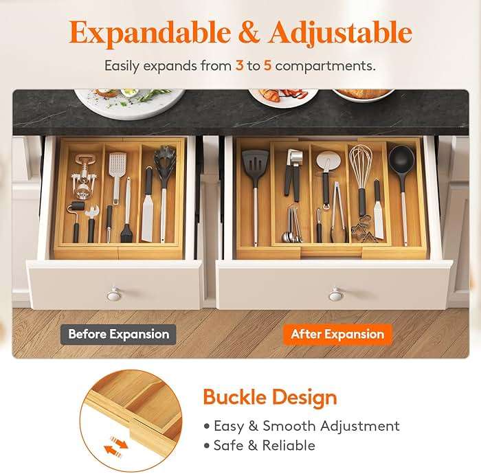 Lifewit Utensil Organizer for Kitchen Drawer, Expandable Cooking Utensil Tray, Cutlery Silverware Flatware Holder, Wood Adjustable Spatula Tools Storage Divider, 13-22x15/ 33-56x38cm, Natural - Image 5