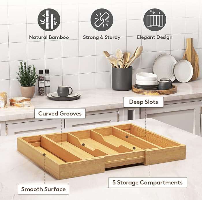 Lifewit Utensil Organizer for Kitchen Drawer, Expandable Cooking Utensil Tray, Cutlery Silverware Flatware Holder, Wood Adjustable Spatula Tools Storage Divider, 13-22x15/ 33-56x38cm, Natural - Image 6