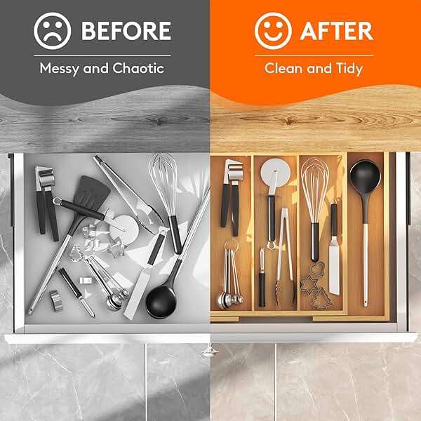 Lifewit Utensil Organizer for Kitchen Drawer, Expandable Cooking Utensil Tray, Cutlery Silverware Flatware Holder, Wood Adjustable Spatula Tools Storage Divider, 13-22x15/ 33-56x38cm, Natural - Image 7