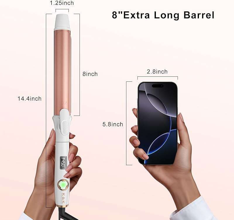 K&K Long Barrel Styler, 1 1/4 Inch Curling Iron with Clipped, Professional Ceramic Coating Hair Curler Wand, Dual MCH Heater up to 450F, Worldwide Voltage Curling Tongs for Traveling - Image 3