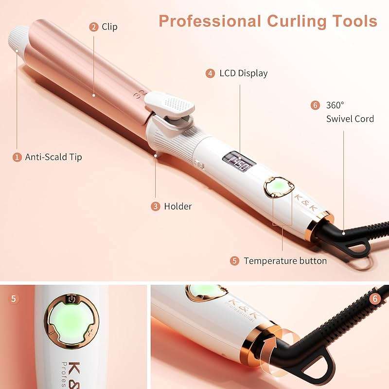 K&K Long Barrel Styler, 1 1/4 Inch Curling Iron with Clipped, Professional Ceramic Coating Hair Curler Wand, Dual MCH Heater up to 450F, Worldwide Voltage Curling Tongs for Traveling - Image 7