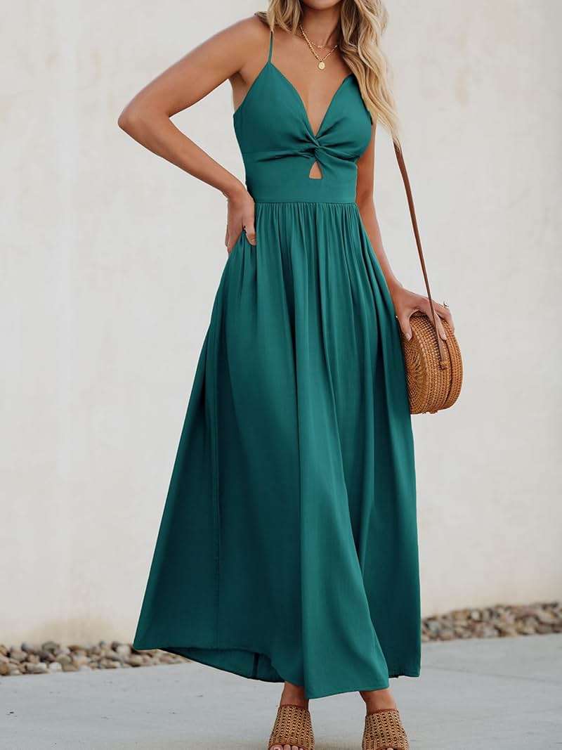 CUPSHE Women Casual Dress Beach Sleeveless V Neck Summer Cutout Spaghetti Straps Formal Maxi Sun Dresses - Image 2