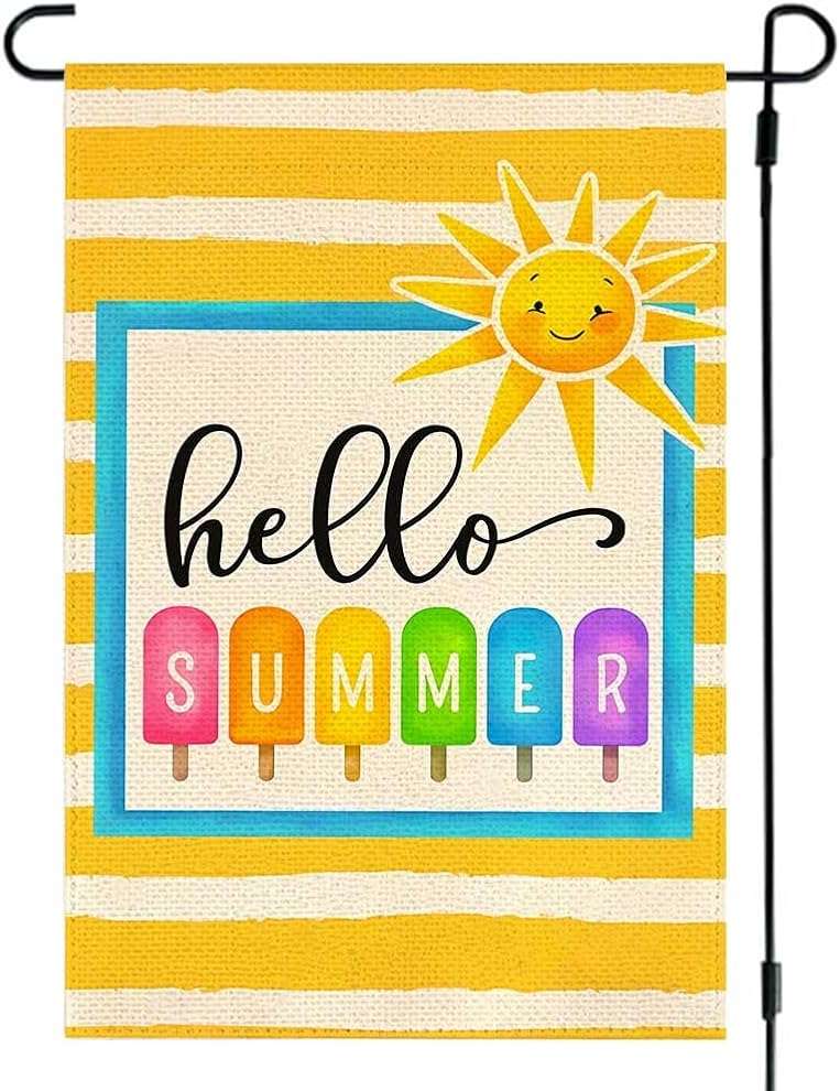 Bright Hello Summer Popsicle Garden Flag 12x18 Inch Double Sided Yellow Striped Polyester Outdoor Sunshine Decor for Yard, Patio, Poolside, Beach Parties - Image 1
