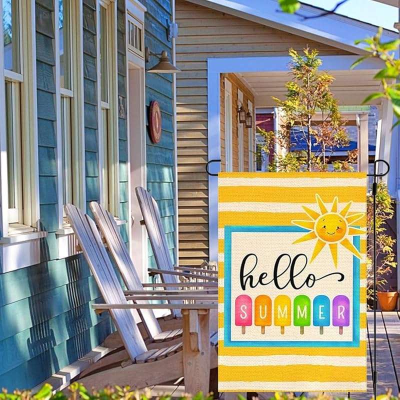 Bright Hello Summer Popsicle Garden Flag 12x18 Inch Double Sided Yellow Striped Polyester Outdoor Sunshine Decor for Yard, Patio, Poolside, Beach Parties - Image 2