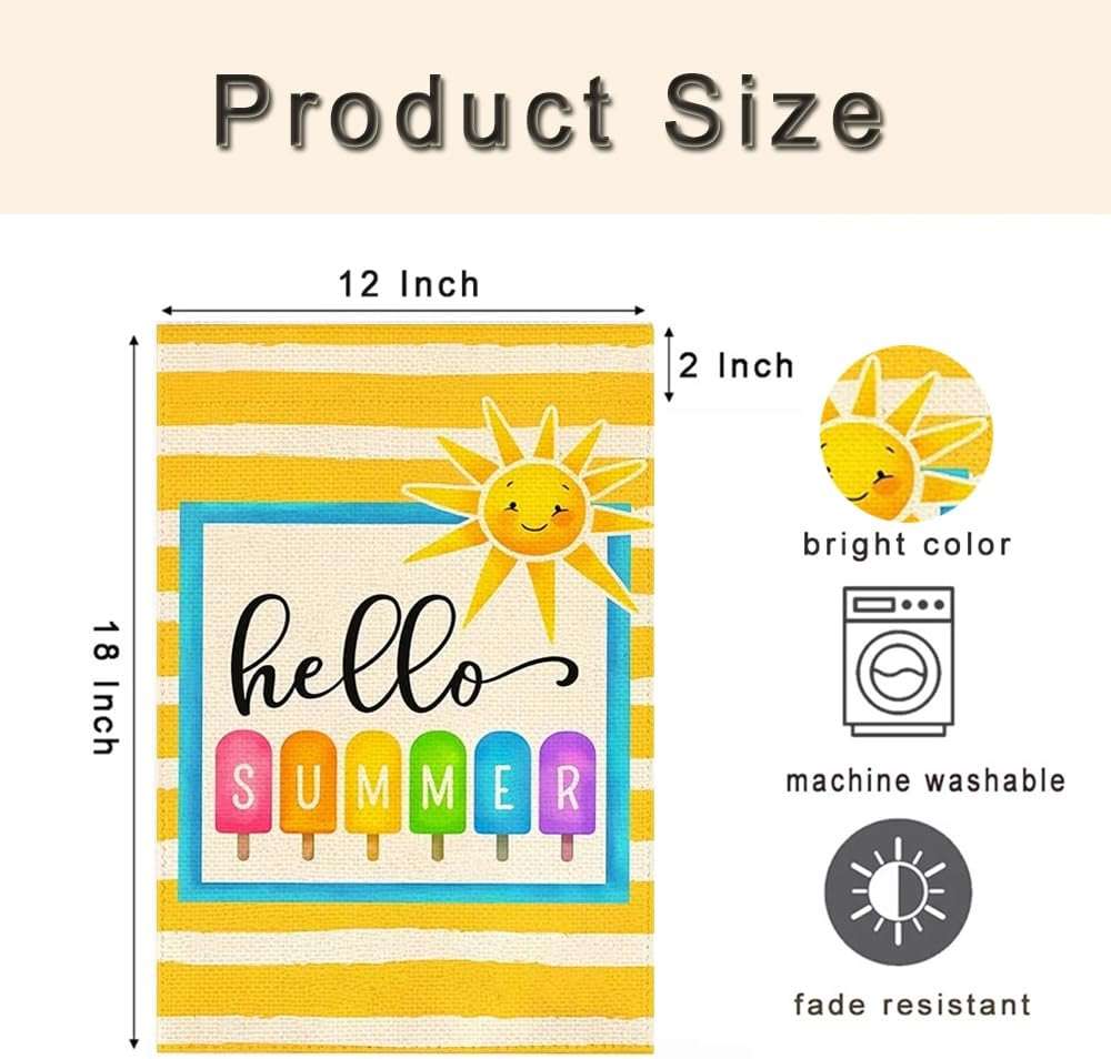 Bright Hello Summer Popsicle Garden Flag 12x18 Inch Double Sided Yellow Striped Polyester Outdoor Sunshine Decor for Yard, Patio, Poolside, Beach Parties - Image 3