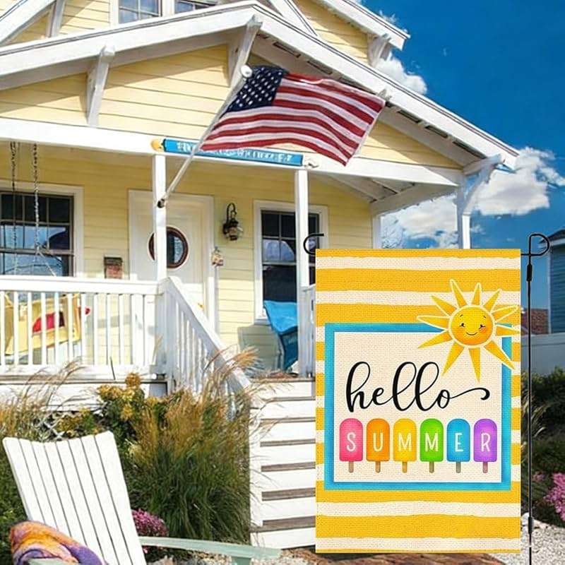 Bright Hello Summer Popsicle Garden Flag 12x18 Inch Double Sided Yellow Striped Polyester Outdoor Sunshine Decor for Yard, Patio, Poolside, Beach Parties - Image 4