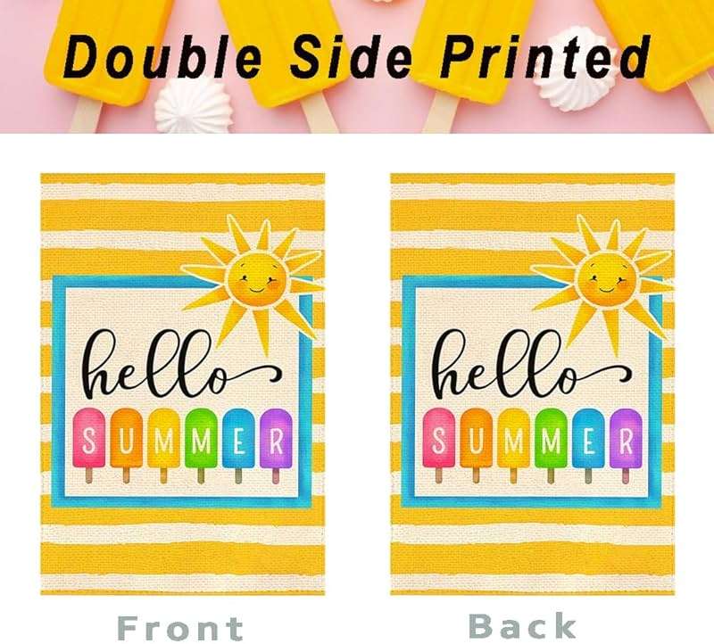 Bright Hello Summer Popsicle Garden Flag 12x18 Inch Double Sided Yellow Striped Polyester Outdoor Sunshine Decor for Yard, Patio, Poolside, Beach Parties - Image 6