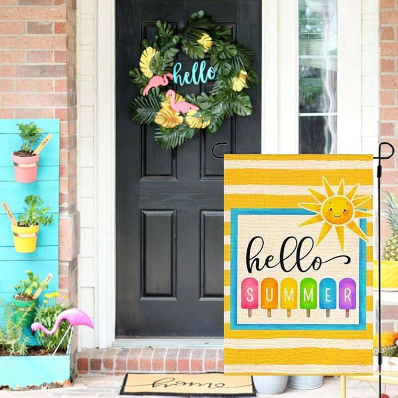 Bright Hello Summer Popsicle Garden Flag 12x18 Inch Double Sided Yellow Striped Polyester Outdoor Sunshine Decor for Yard, Patio, Poolside, Beach Parties - Image 7