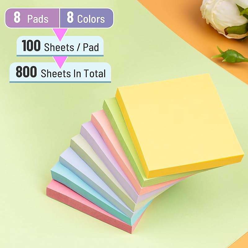 Sticky Notes 3x3 Inches, 8 Pads, 800 Sheets, 8 Color Sticky Note Pads, Premium Sticky Pads, Sticky Notes Bulk, Self-Stick Note Pads, 100 Sheets/pad - Image 3
