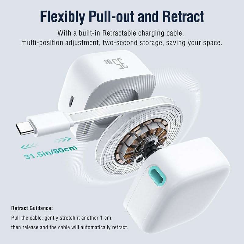 Retractable Wall Charger, 35W PD Fast Charger Block with Type C Retractable Cable (31.5 inch) and Type C Ports, Portable Charger Adapter for iPhone 17/16/15 Pro Max/Galaxy/Pixel & More - Image 2