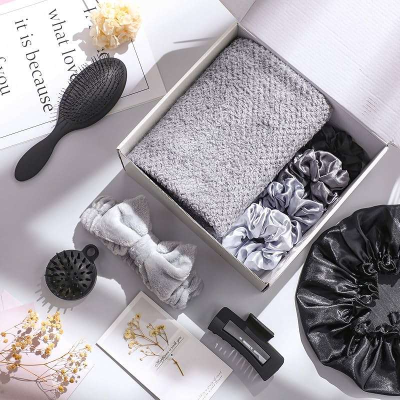 Sawysine 12 Pcs Hair Care Gift Basket for Women Black Hair Spa Kit Include Microfiber Drying Towel Silk Bonnet Headband Brush for Birthday Wedding Gifts - Image 2