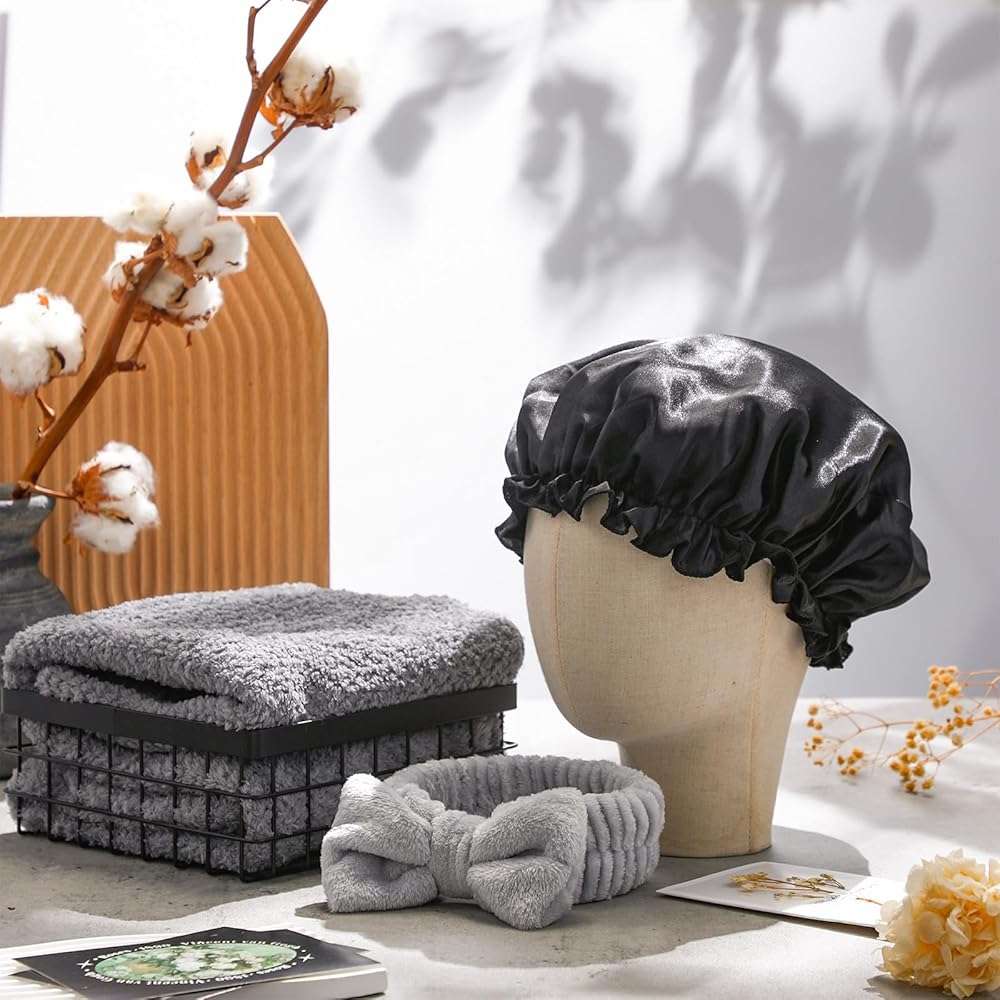 Sawysine 12 Pcs Hair Care Gift Basket for Women Black Hair Spa Kit Include Microfiber Drying Towel Silk Bonnet Headband Brush for Birthday Wedding Gifts - Image 5