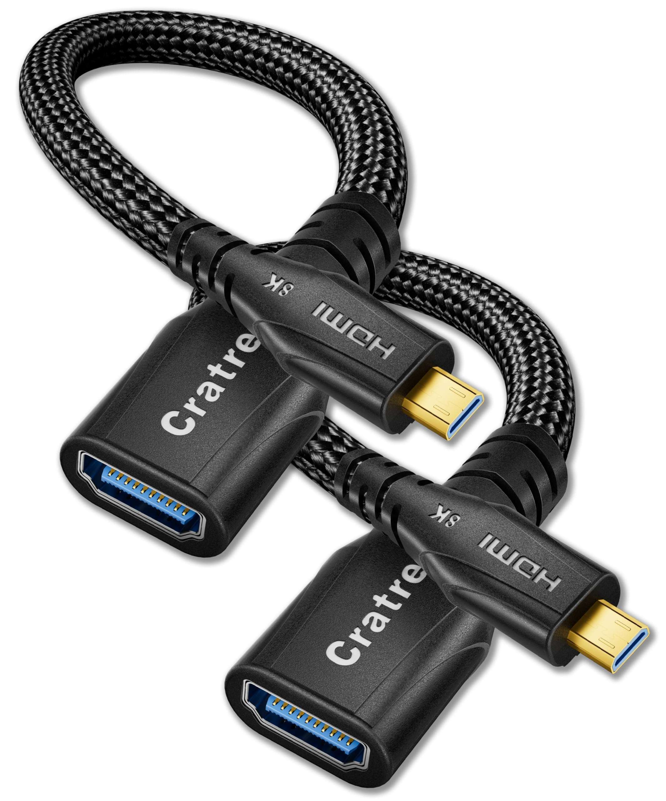 Cratree 8K Micro HDMI to HDMI Adapter 2Pack, Micro HDMI to HDMI Female Cable,8K@60hz,4K@120hz,Support HDR eARC Dolby Compatible with GoPro Hero 7,Raspberry Pi 4,Sony,Nikon (0.6ft) - Image 1