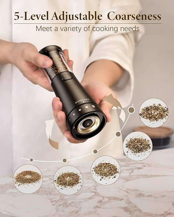Electric Salt and Pepper Grinder Set with 4.5oz Large Capacity, Stainless Steel Rechargeable Salt and Pepper Grinder with 1.8" Wide Mouth, Storage Base,Adjustable Coarseness, and One-Hand Operation - Image 4