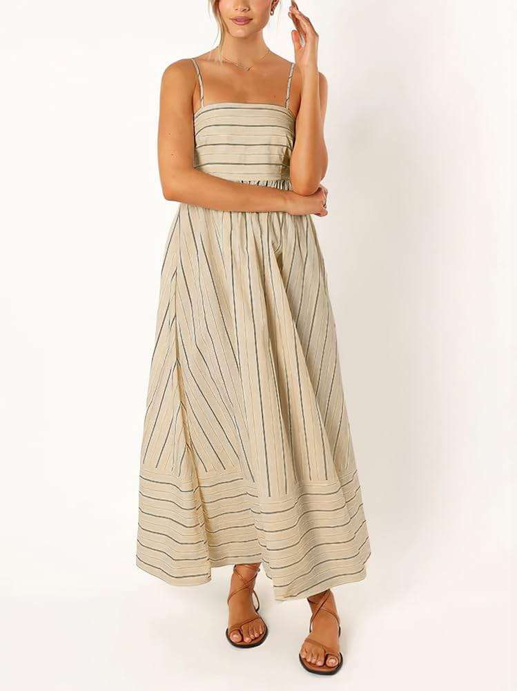 chouyatou Women's Striped Back Smocked Maxi Dress Sexy Spaghetti Strap Cut Out Flowy Swing Long Dress - Image 3