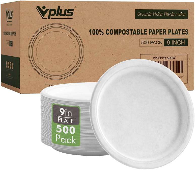 Vplus 500 Pack Paper Plates 9 inch 100% Compostable, Heavy-Duty Disposable Paper Plates Bagasse Natural Biodegradable Eco-Friendly Sugarcane（White） - Image 1
