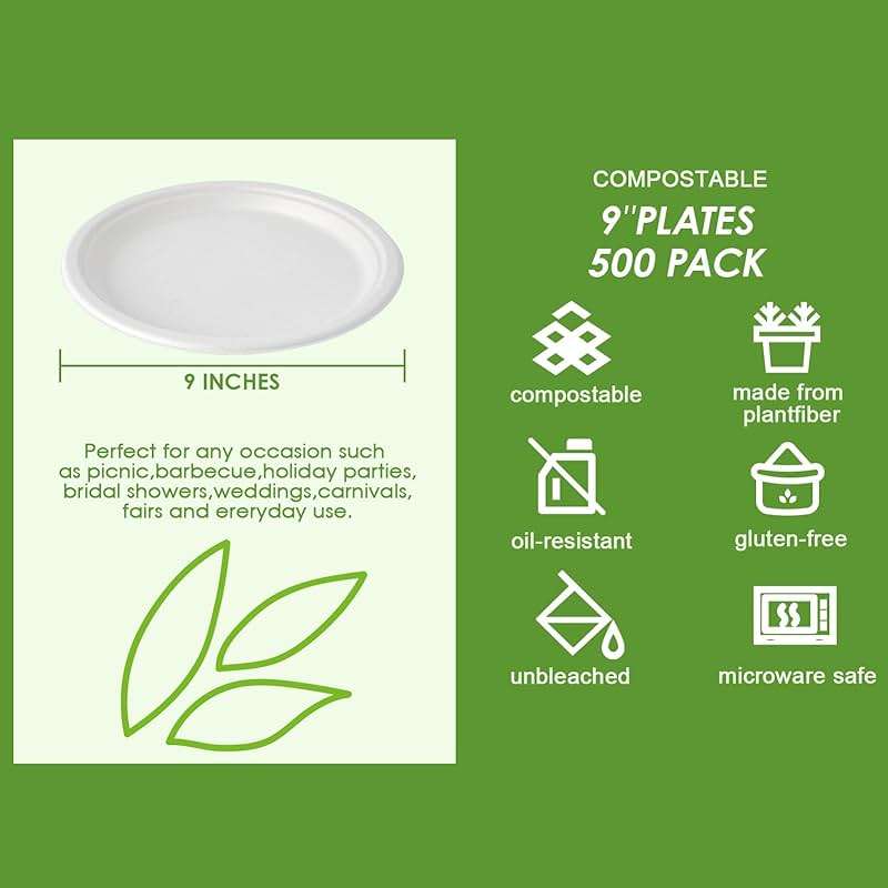 Vplus 500 Pack Paper Plates 9 inch 100% Compostable, Heavy-Duty Disposable Paper Plates Bagasse Natural Biodegradable Eco-Friendly Sugarcane（White） - Image 3