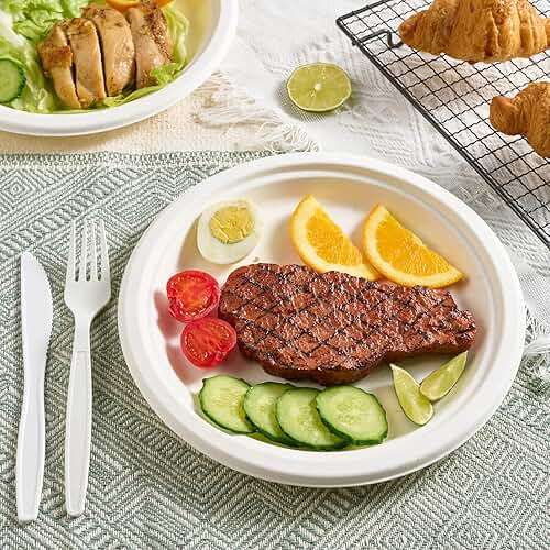 Vplus 500 Pack Paper Plates 9 inch 100% Compostable, Heavy-Duty Disposable Paper Plates Bagasse Natural Biodegradable Eco-Friendly Sugarcane（White） - Image 5