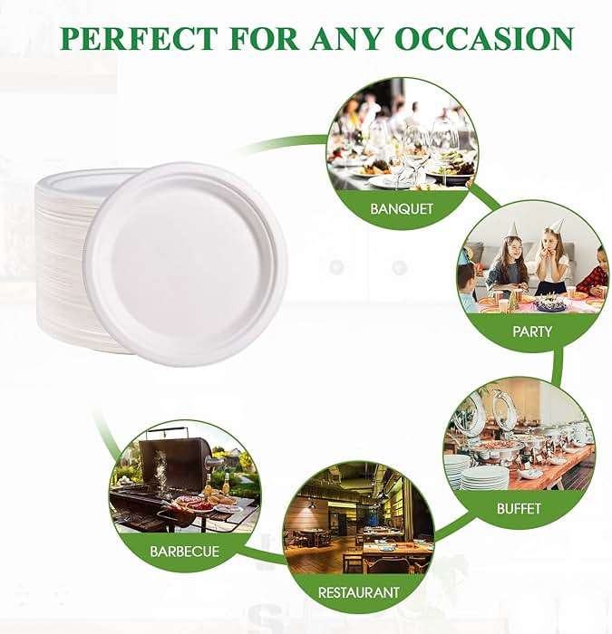 Vplus 500 Pack Paper Plates 9 inch 100% Compostable, Heavy-Duty Disposable Paper Plates Bagasse Natural Biodegradable Eco-Friendly Sugarcane（White） - Image 6