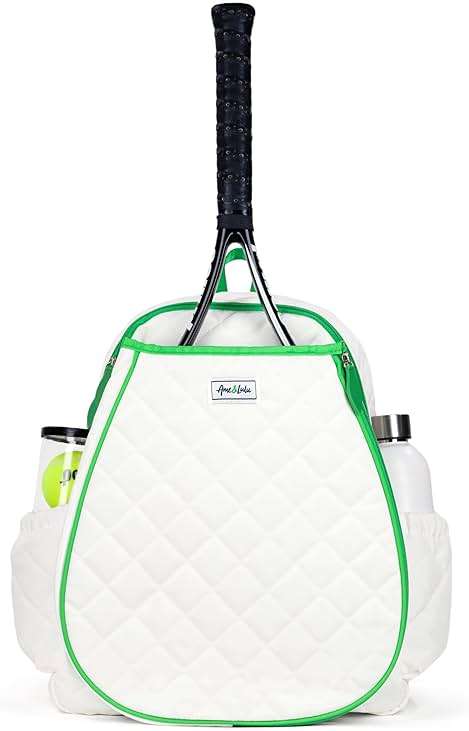 Ame & Lulu Game On Tennis Backpack - Contains Padded & Adjustable Straps - Two Exterior Water Bottle Pockets (Quilted White/Green) - Image 1