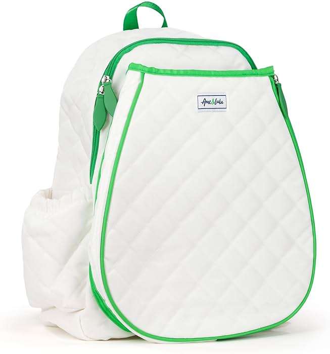 Ame & Lulu Game On Tennis Backpack - Contains Padded & Adjustable Straps - Two Exterior Water Bottle Pockets (Quilted White/Green) - Image 3