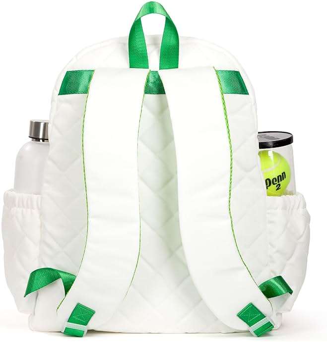 Ame & Lulu Game On Tennis Backpack - Contains Padded & Adjustable Straps - Two Exterior Water Bottle Pockets (Quilted White/Green) - Image 4